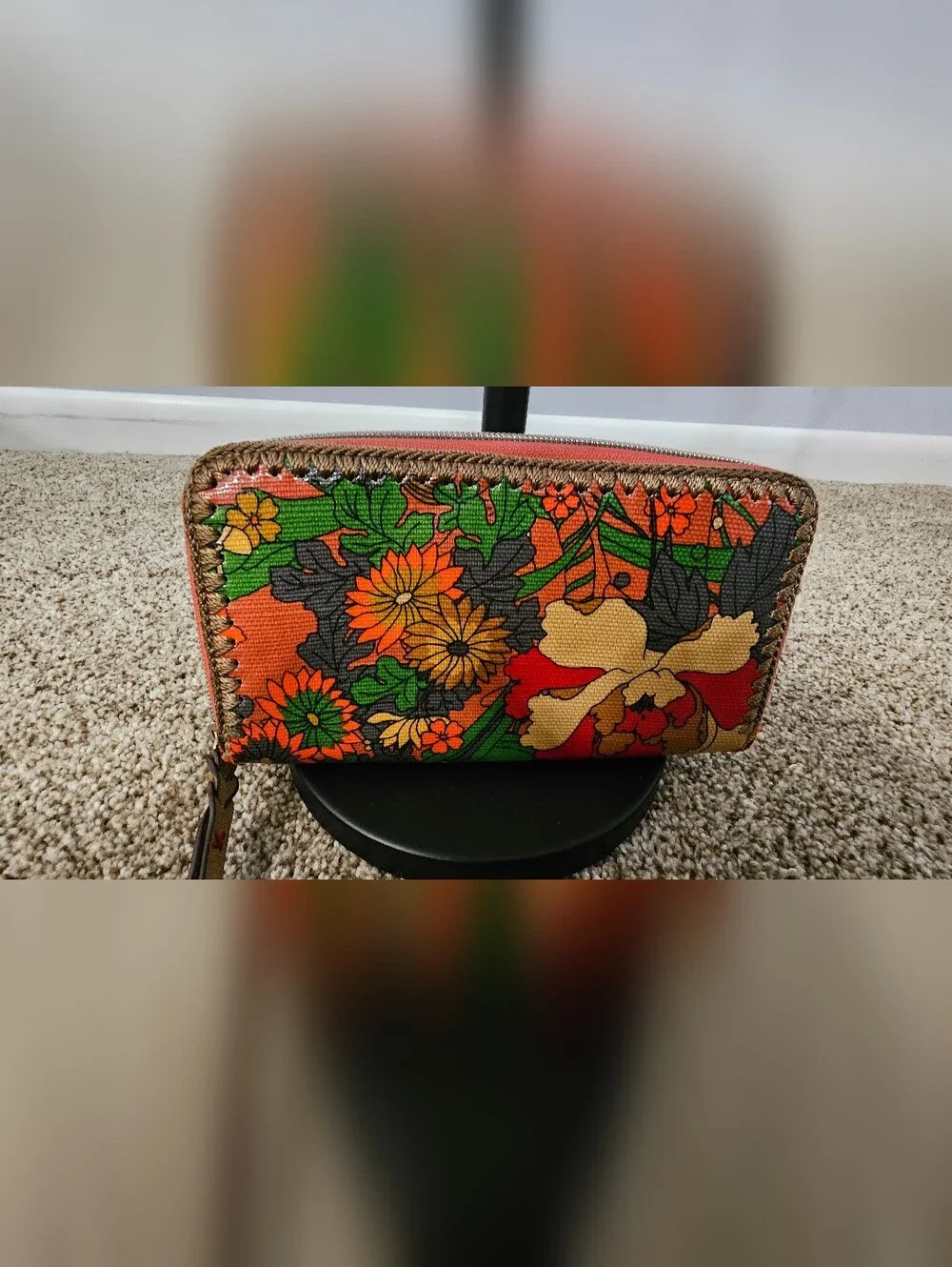 Sakroots Orange Floral Canvas Cosmetic Wristlet with Green Accents